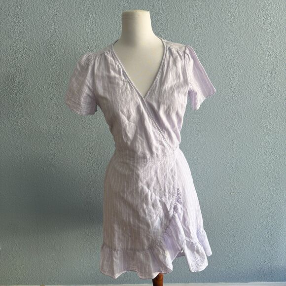 GAP Lavender Linen Striped Wrap Mini Dress Size Medium - Picture 2 of 8